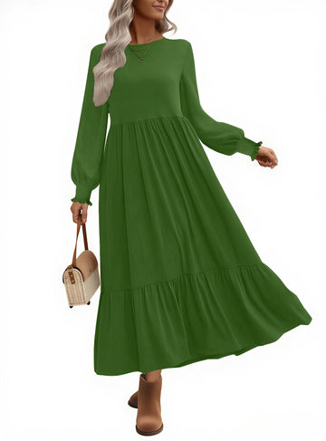 UVN Fall Long Dress for Women Crewneck Casual Long Sleeve Pleated Dresses with Pockets