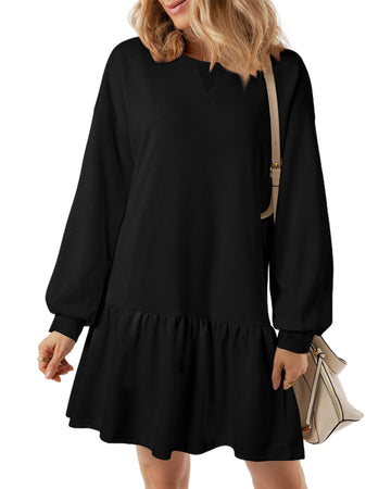 UVN Fall Dresses for Women Winter Long Sleeve Crewneck Oversized Casual Pullover Patchwork Sweatshirt Dress