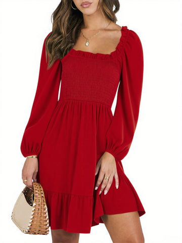 UVN Dresses for Women Casual Long Sleeve Square Neck Dress Ruffle Pleated Flowy Midi Dress
