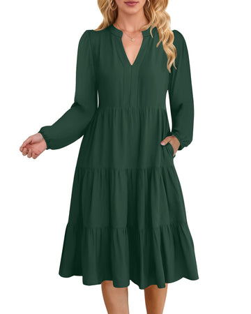 UVN Fall Dresses for Women Long Sleeve V Neck Midi Dress Casual Loose Flowy Swing Tiered Dress with Pockets