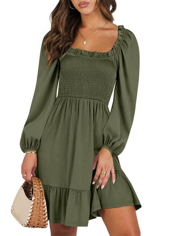 UVN Dresses for Women Casual Long Sleeve Square Neck Dress Ruffle Pleated Flowy Midi Dress
