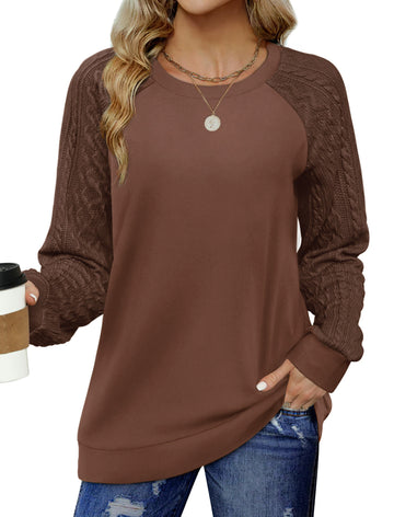 UVN Sweatshirts for Women Crewneck Cable Knit Sleeve Sweaters Casual Fall Tunic Tops