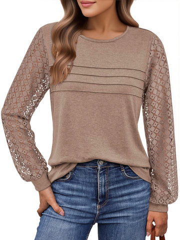 UVN Blouses for Women Dressy Lace Pleated Tunic Tops Casual Long Sleeve Fall Shirts