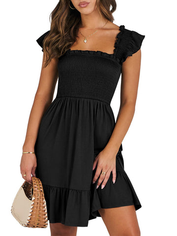 UVN Summer Dresses for Women Casual Sleeveless Square Neck Midi Dress Ruffle Backless Swing Flowy Tiered Dress