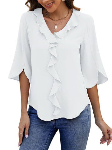 UVN Chiffon Blouses for Women Dressy Ruffle V Neck Tops Summer Casual 3/4 Sleeve Shirts