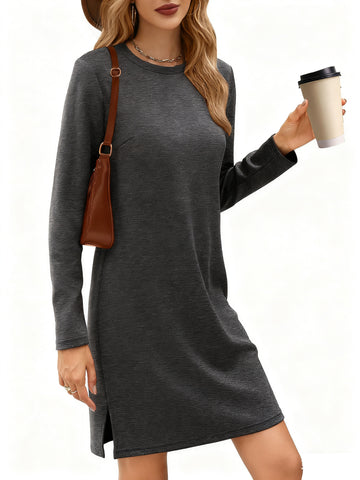 UVN Dresses for Women Fall Winter Long Sleeve Crewneck Casual Pullover Sweatshirt Dress with Side Split