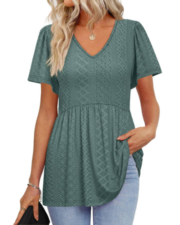 UVN Summer Blouses for Women Short Sleeve V Neck Peplum Tunic Tops Casual Babydoll Flowy T Shirts
