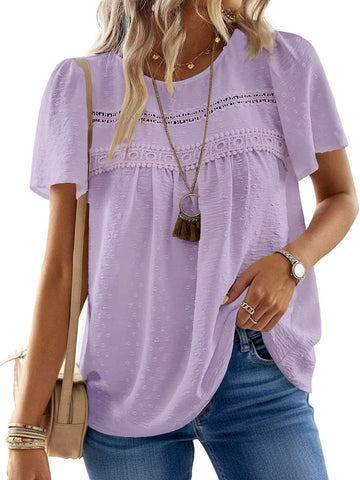 UVN Summer Womens Chiffon Blouses Short Sleeve Crew Neck Shirts for Women Boho Lace Casual Tops