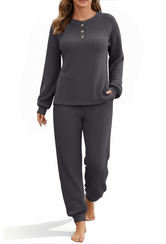 UVN Pajama Sets for Women Waffle Knit Lounge Sets Long Sleeve Henley Shirts and Long Pants Sleepwear 2 Piece Pjs Soft Comfy Loungewear with Pockets