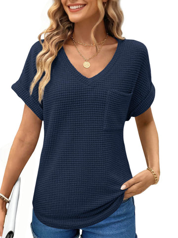 UVN Womens Summer Tops Short Sleeve V Neck Blouses Ladies Casual Waffle Knit Trendy Tunic Shirts