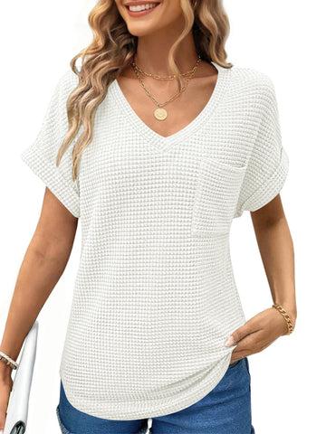 UVN Womens Summer Tops Short Sleeve V Neck Blouses Ladies Casual Waffle Knit Trendy Tunic Shirts