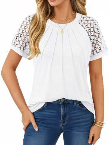 UVN Blouses for Women Short Sleeve Lace Tops Summer Casual Crewneck Pleated Shirts