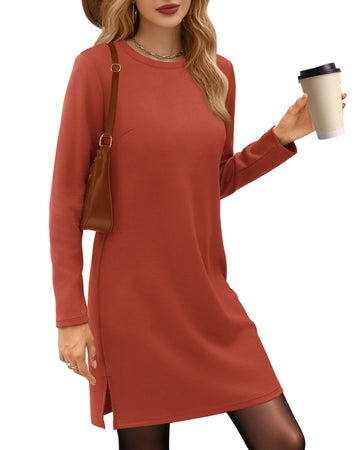 UVN Dresses for Women Fall Winter Long Sleeve Crewneck Casual Pullover Sweatshirt Dress with Side Split
