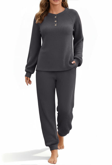 UVN Pajama Sets for Women Waffle Knit Lounge Sets Long Sleeve Henley Shirts and Long Pants Sleepwear 2 Piece Pjs Soft Comfy Loungewear with Pockets