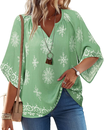 UVN Womens Summer Blouses Bohemian 3/4 Bell Sleeve Shirts for Women V Neck Flowy Casual Pleated Tops