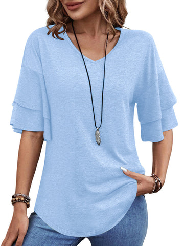 UVN Blouses for Women V Neck Half Bell Sleeve Shirts Summer Ladies Casual Flowy Tunic Tops
