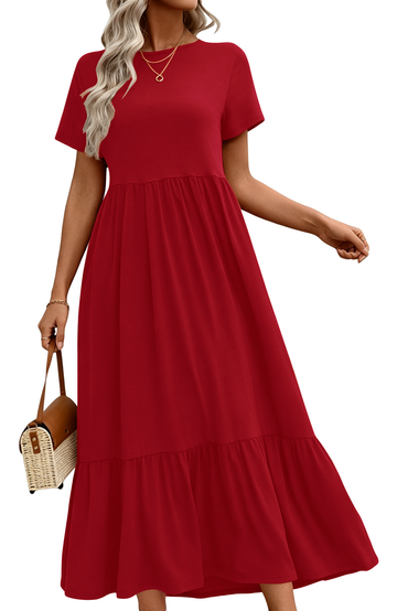 UVN Long Dresses for Women Summer Short Sleeve Casual Crewneck Maxi Dress with Pockets