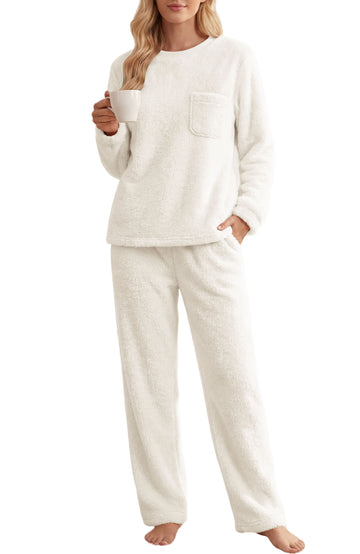 UVN Fluffy Pajamas Set for Women Winter Fleece Long Sleeve Tops and Pants 2 Piece Outfits Soft Plush Pjs Sleepwear Loungewear with Pockets