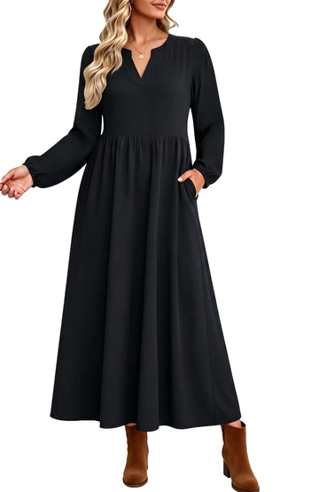 UVN Fall Dresses for Women Long Sleeve V Neck Long Dress Casual Loose Flowy Swing Vacation Dress with Pockets