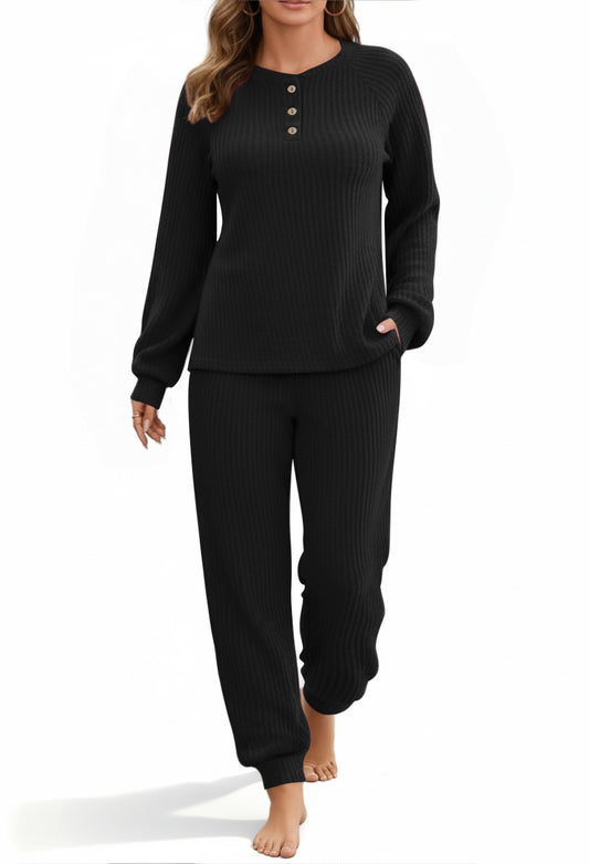 UVN Pajama Sets for Women Waffle Knit Lounge Sets Long Sleeve Henley Shirts and Long Pants Sleepwear 2 Piece Pjs Soft Comfy Loungewear with Pockets