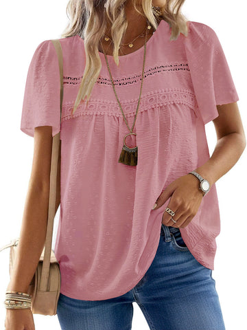 UVN Summer Womens Chiffon Blouses Short Sleeve Crew Neck Shirts for Women Boho Lace Casual Tops