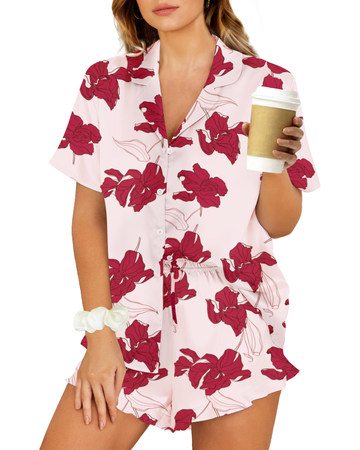 UVN Pajamas Sets for Women Short Sleeve Button Down Tops and Ruffle Shorts 2 Piece Outfit Satin Silk Pjs Sleepwear Loungewear