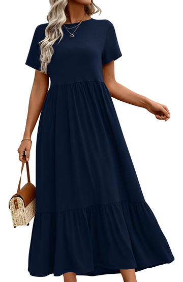 UVN Long Dresses for Women Summer Short Sleeve Casual Crewneck Maxi Dress with Pockets