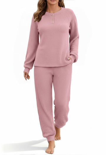 UVN Pajama Sets for Women Waffle Knit Lounge Sets Long Sleeve Henley Shirts and Long Pants Sleepwear 2 Piece Pjs Soft Comfy Loungewear with Pockets