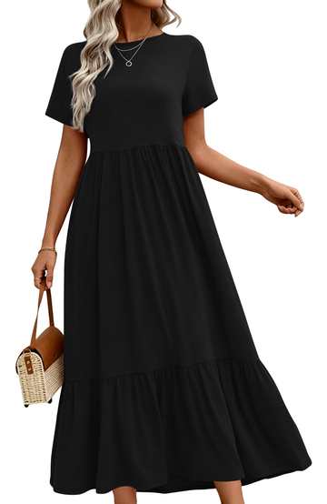 UVN Long Dresses for Women Summer Short Sleeve Casual Crewneck Maxi Dress with Pockets