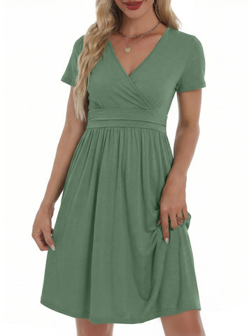UVN Dresses for Women Deep V Neck Short Sleeve Summer Sundress Midi Party dress with Pocket