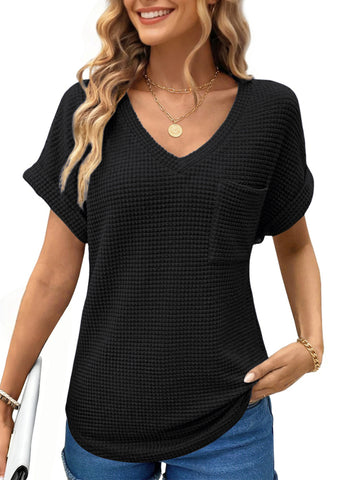 UVN Womens Summer Tops Short Sleeve V Neck Blouses Ladies Casual Waffle Knit Trendy Tunic Shirts