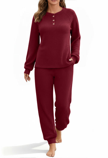 UVN Pajama Sets for Women Waffle Knit Lounge Sets Long Sleeve Henley Shirts and Long Pants Sleepwear 2 Piece Pjs Soft Comfy Loungewear with Pockets