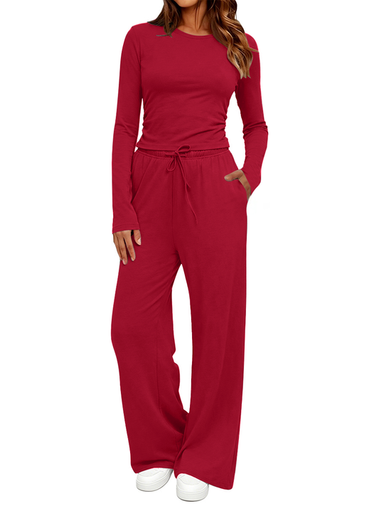 UVN Winter Womens 2 Piece Outfit Sets Ruched Long Sleeve Top and Wide Leg Pants with Pockets Casual Loungewear for Women Workout Sets