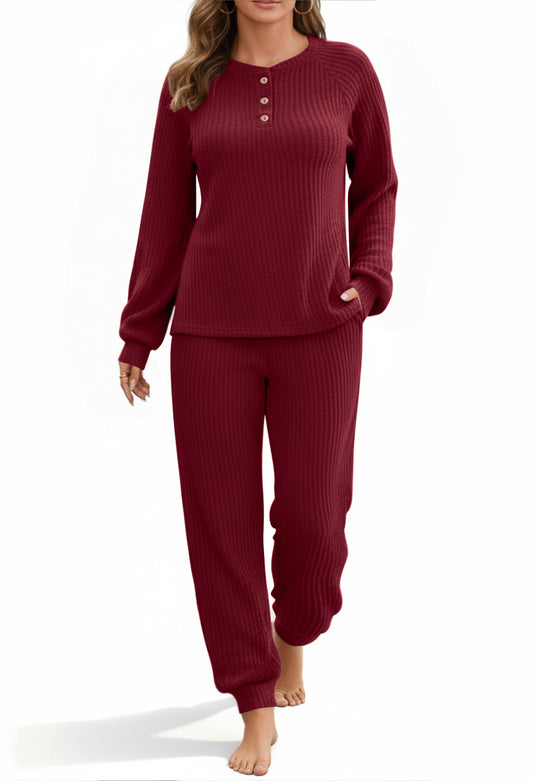 UVN Pajama Sets for Women Waffle Knit Lounge Sets Long Sleeve Henley Shirts and Long Pants Sleepwear 2 Piece Pjs Soft Comfy Loungewear with Pockets