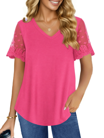 UVN Womens Summer Tops V Neck Lace Short Sleeve Shirts Casual Curved Hem Loose Fit Blouses