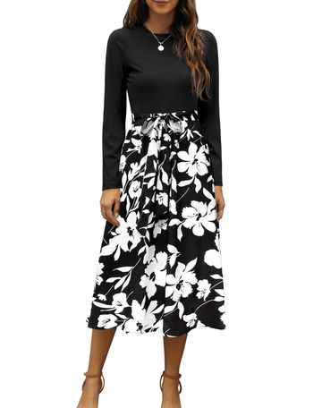 UVN Fall Dresses for Women Long Sleeve Crewneck Ribbed Casual Dress Ladies Floral Print Midi Dresses with Pockets