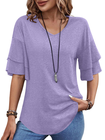 UVN Blouses for Women V Neck Half Bell Sleeve Shirts Summer Ladies Casual Flowy Tunic Tops