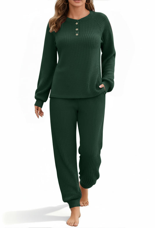 UVN Pajama Sets for Women Waffle Knit Lounge Sets Long Sleeve Henley Shirts and Long Pants Sleepwear 2 Piece Pjs Soft Comfy Loungewear with Pockets