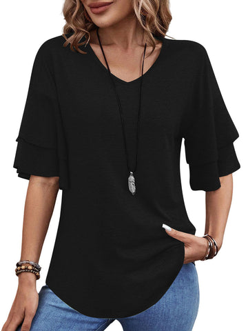 UVN Blouses for Women V Neck Half Bell Sleeve Shirts Summer Ladies Casual Flowy Tunic Tops