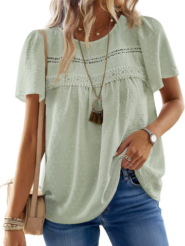 UVN Summer Womens Chiffon Blouses Short Sleeve Crew Neck Shirts for Women Boho Lace Casual Tops