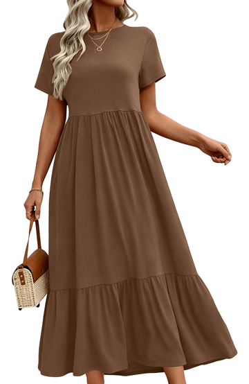 UVN Long Dresses for Women Summer Short Sleeve Casual Crewneck Maxi Dress with Pockets