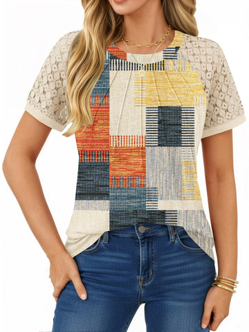 UVN Blouses for Women Short Sleeve Lace Tops Summer Casual Crewneck Pleated Shirts