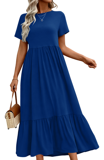UVN Long Dresses for Women Summer Short Sleeve Casual Crewneck Maxi Dress with Pockets