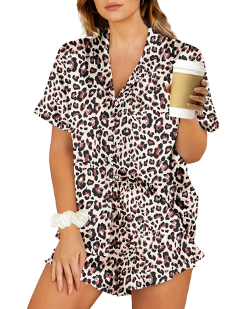 UVN Pajamas Sets for Women Short Sleeve Button Down Tops and Ruffle Shorts 2 Piece Outfit Satin Silk Pjs Sleepwear Loungewear