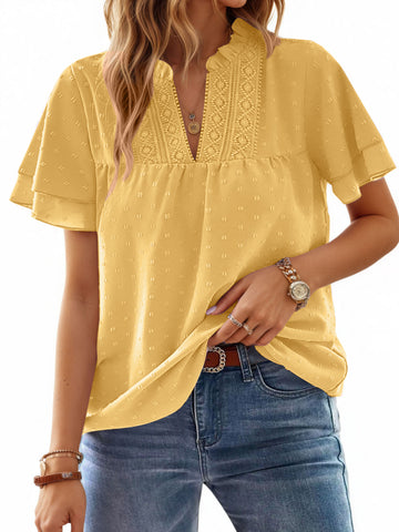 UVN V Neck Shirts for women Summer Lace Butterfly Sleeve Blouses Ladies Casual Flowy Crochet Tops