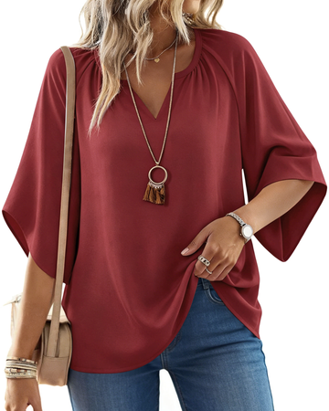 UVN Womens Summer Blouses Bohemian 3/4 Bell Sleeve Shirts for Women V Neck Flowy Casual Pleated Tops