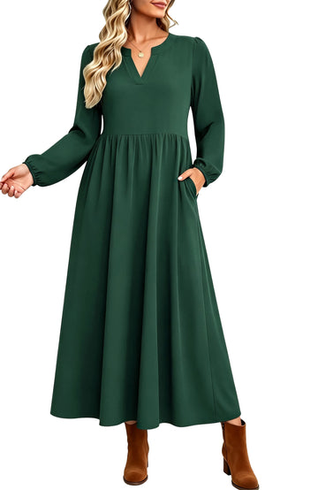 UVN Fall Dresses for Women Long Sleeve V Neck Long Dress Casual Loose Flowy Swing Vacation Dress with Pockets
