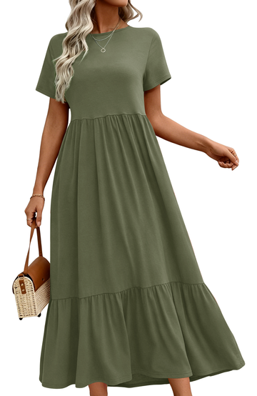 UVN Long Dresses for Women Summer Short Sleeve Casual Crewneck Maxi Dress with Pockets