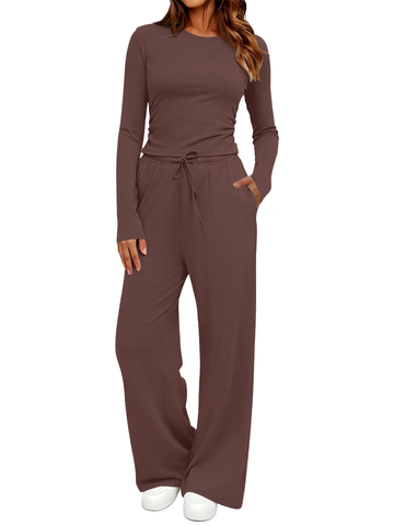 UVN Winter Womens 2 Piece Outfit Sets Ruched Long Sleeve Top and Wide Leg Pants with Pockets Casual Loungewear for Women Workout Sets