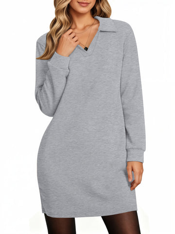UVN Dresses for Women Long Sleeve Lapel Neck Dress Fall Casual Sweatshirt Dresses